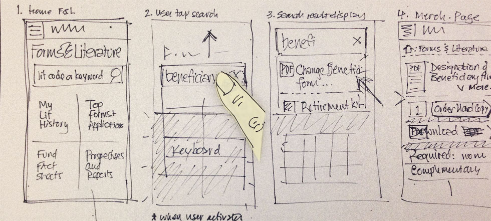 hand sketches of a mobile website search showing an example of my work process